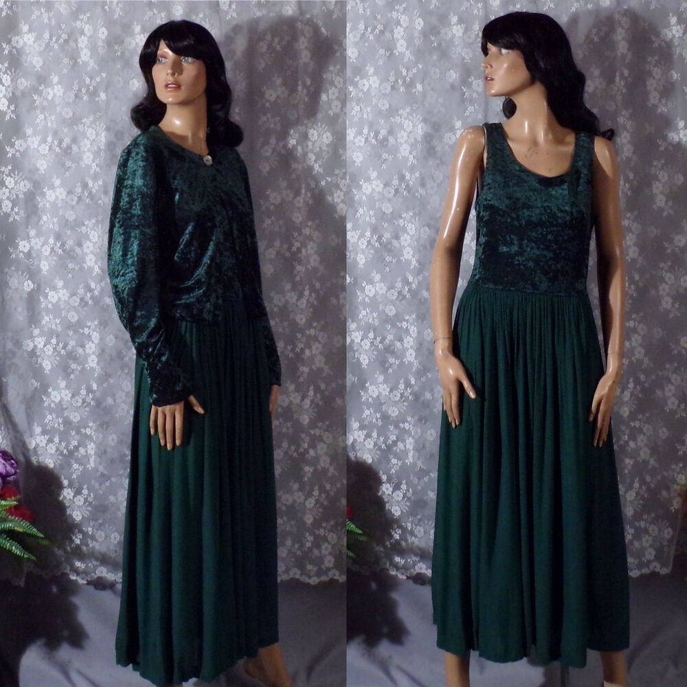 Vintage 90s Green Crushed Velvet Dress Size Medium 1990s Retro Whimsigoth Maxi